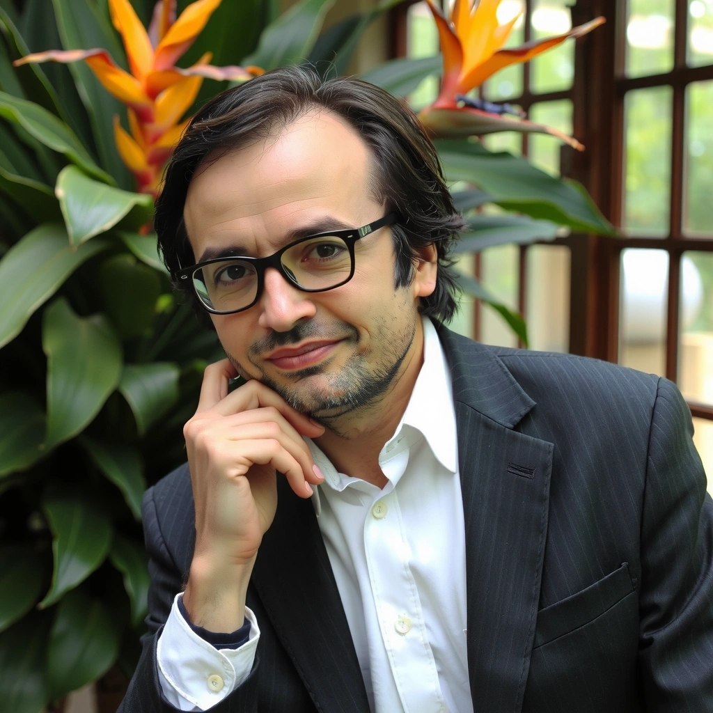 Portretul unui botanist, cu plante exotice în fundal