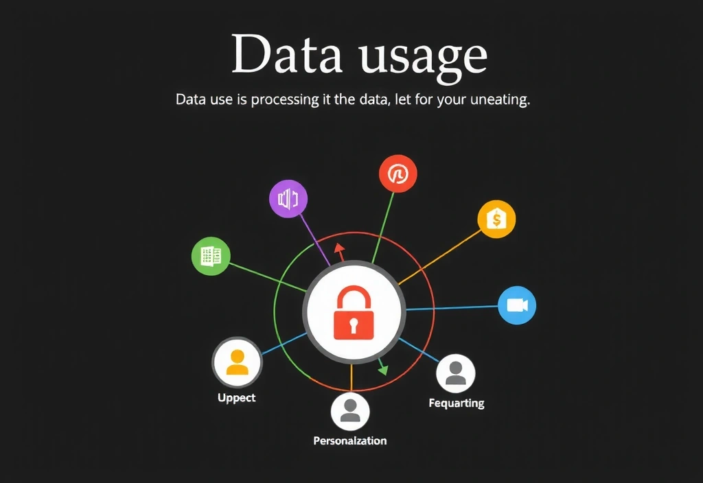 Ilustrație cu diverse moduri de utilizare a datelor, simbolizând procesarea, personalizarea și comunicarea