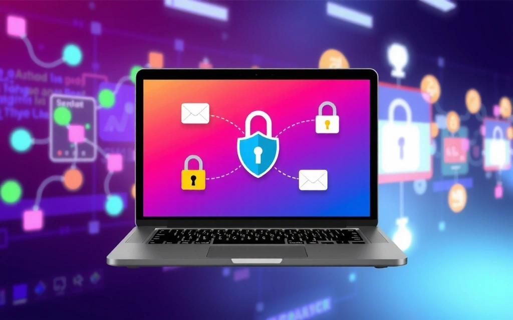 Ilustrație cu un computer și simboluri de securitate cibernetică, reprezentând protecția datelor și confidențialitatea utilizatorilor.